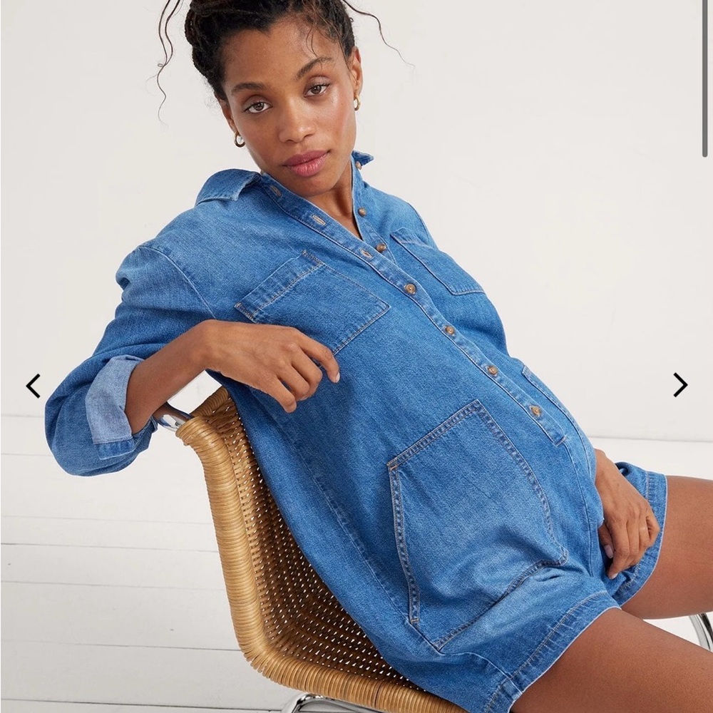 Hatch Maternity Denim Utility Romper | Button Front | Blue | Size 4 (XL)